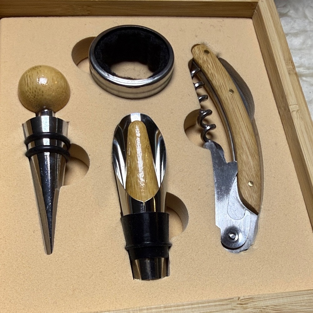 Wood-Accent Wine Accessory Set - Natural Wood and Stainless